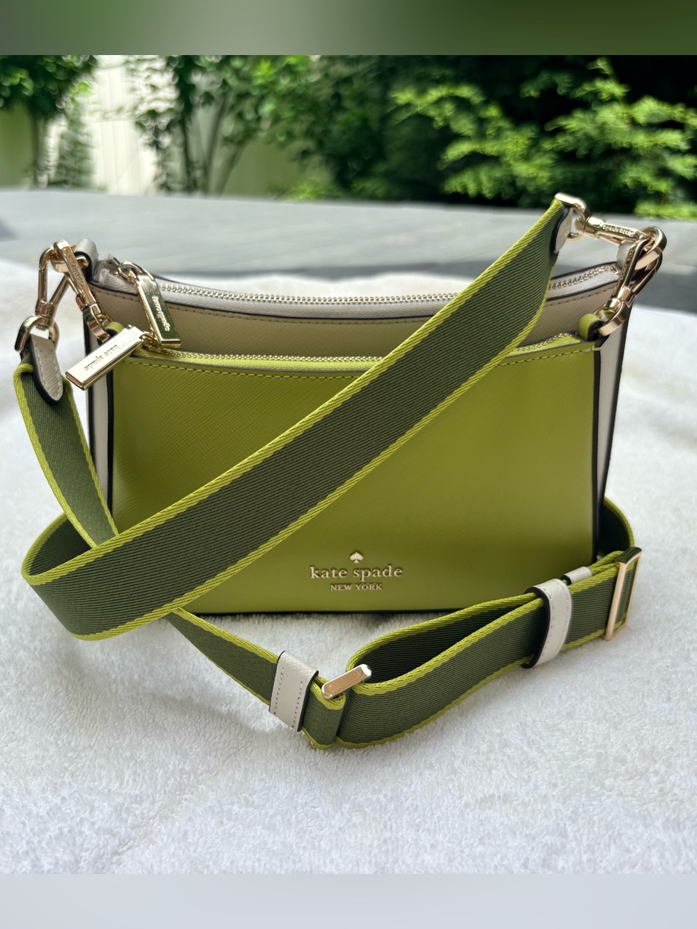 kate spade Lime Green Saffiano Crossbody with Olive-Trim Strap